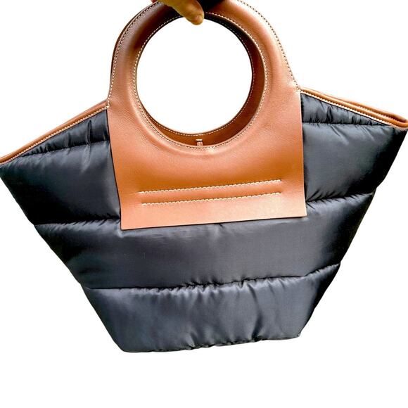 Hereu Large Black Puffer Tote Bag – Leather Circular Handles – Made in Spain - Picture 3 of 9
